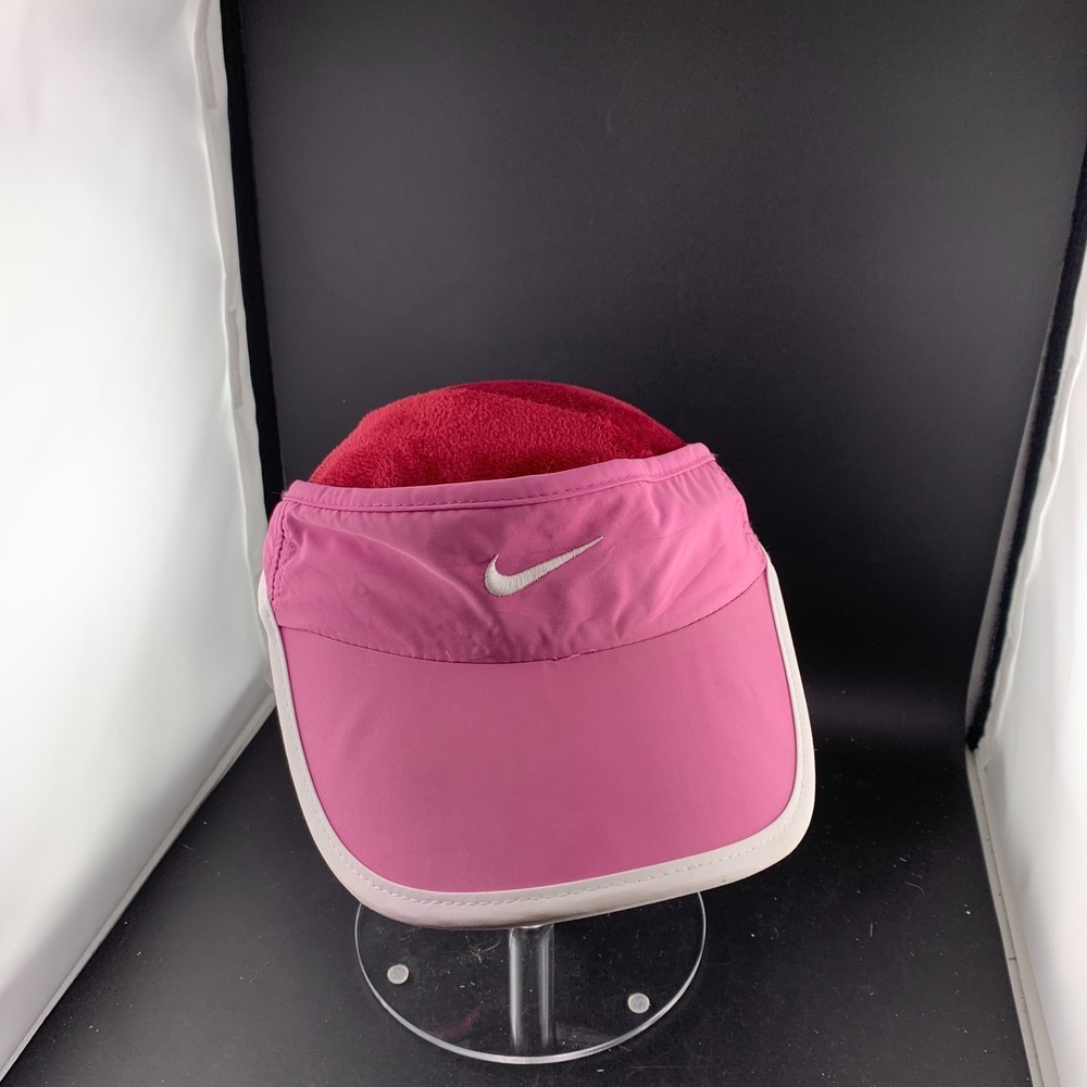 Nike Dri-Fit Sun Visor Hat Womens One Size Pink Swoosh Logo Strapback Tennis Cap
